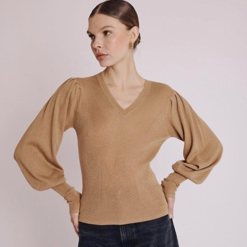 Lauren Ralph Lauren XL Black Label Cotton Ribbed Puff Sleeve Sweater Neutral Pre